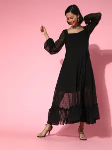 Inddus Women Stylish Black Self-Design Dobby Weave Dress