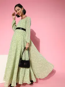 Inddus Women Gorgeous Green Polka-Dotted Belted Dress
