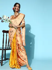 Mitera Peach-Coloured & Yellow Tie and Dye Poly CrepeSaree