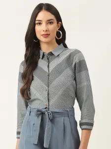 ROOTED Grey Geometric Striped Shirt Style Top