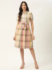 ROOTED Women Multicoloured Checked Pure Cotton Shirt Dress