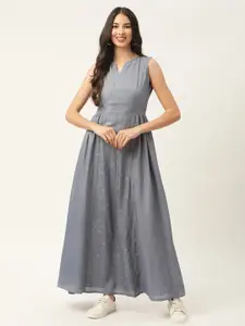 ROOTED Grey Embellished Embroidered Fit & Flared Maxi Dress