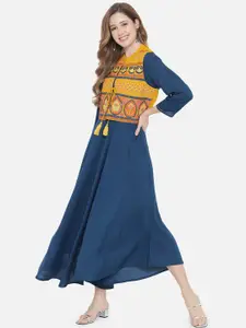 AKIMIA Women Blue Ethnic Motifs Maxi Dress With  Embroidered Jacket