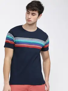 HIGHLANDER Men Navy Blue Striped Pockets Slim Fit T-shirt