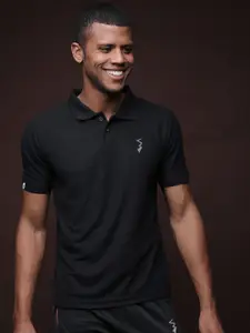 Campus Sutra Men Black Polo Collar Dri-FIT Applique Running T-shirt