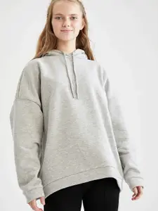 DeFacto Women Grey Melange Solid Hooded Sweatshirt