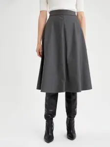 DeFacto Women Grey Melange Solid A-Line High Waist Midi Skirt