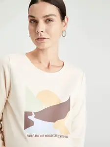 DeFacto Women Cream-Coloured & Brown Printed Maternity Sweatshirt