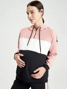 DeFacto Women Pink & White Colourblocked Hooded Maternity Sweatshirt