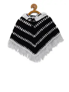 CHUTPUT Infant Girl Black & White Striped Hand Knitted Crochet Poncho with Fringed Detail