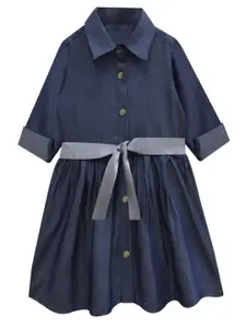 A.T.U.N. Girls Navy Blue Solid Shirt Dress with Tie-up Detail