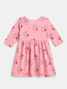 YK Girls Pink Cat Printed Fit & Flared Dress