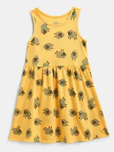 YK Girls Yellow Printed Fit & Flared Dress