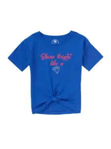 Cub McPaws Girls Blue Typography Printed Applique T-shirt