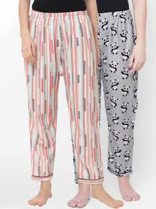 FashionRack Women Pink & Grey Set Of 2 Printed Lounge Pants