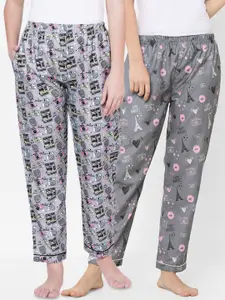 FashionRack Women Grey & Pink Set Of 2 Printed Lounge Pants