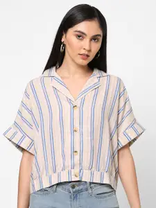PAPA BRANDS Beige Striped Extended Sleeves Linen Shirt Style Top