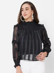 PAPA BRANDS Black Sheer Stripes Smocked Top with Ruffles