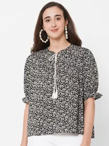 PAPA BRANDS Women Black & White Floral Printed Tie- Up Neck Puff Sleeves Top