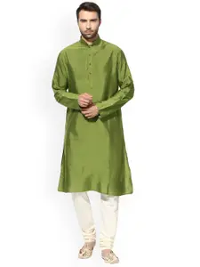 KISAH Men Green Thread Work Kurta