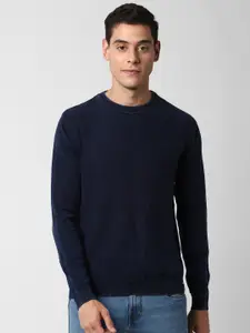 Peter England Casuals Men Navy Blue Solid Pure Cotton Pullover