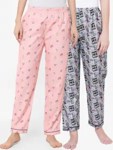 FashionRack Women Pack Of 2 Grey & Pink Printed Cotton Lounge Pants
