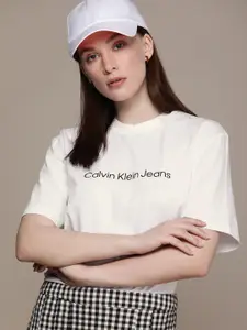 Calvin Klein Jeans Women White & Black Brand Logo Printed T-shirt