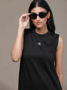 Calvin Klein Jeans Black Solid Round Neck Brand Logo Embroidered Knitted Slip A-Line Dress