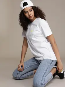 Calvin Klein Jeans Women White Brand Logo Print Round Neck Pure Cotton Applique T-shirt