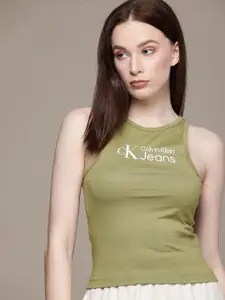 Calvin Klein Jeans Women Olive Green Brand Logo Printed Racerback Slim Fit Cotton T-shirt