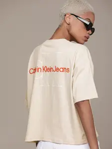 Calvin Klein Jeans Women Beige Brand Logo Printed Drop-Shoulder Sleeves Loose T-shirt
