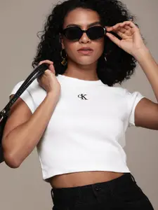 Calvin Klein Jeans Women White Brand Logo Printed Slim Fit Crop T-shirt