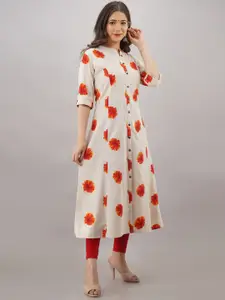 KALINI Women Beige Floral Printed Thread Work Floral Kurta