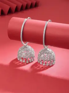 Yellow Chimes  White Silver-Plated AD/American Diamond Hoop Jhumka Earring