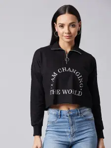 DOLCE CRUDO Women Typographic Printed Black Crop Sweatshirt