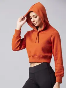 DOLCE CRUDO Women Rust Solid Cropped Hooded Sweatshirt