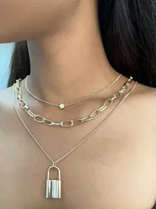 Ayesha Gold-Toned Heart & Lock Layered Necklace