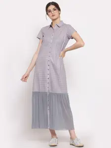 LELA Women Grey & Beige Checked Cotton Shirt Maxi Dress
