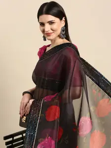 Anouk Black & Red Floral Printed  Sequinned Organza Saree