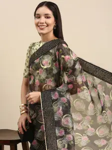 Anouk Black & Pink Ethnic Motifs Printed Sequinned Organza Saree with Embellished Border