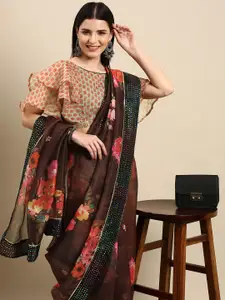 Anouk Brown Floral Printed Sequinned Organza Saree