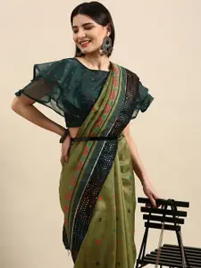 Anouk Olive Green Ethnic Motifs Printed Sequinned Organza Saree