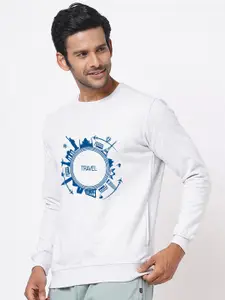 Wear Your Opinion Men Off White & Blue Printed Cotton Sweatshirt