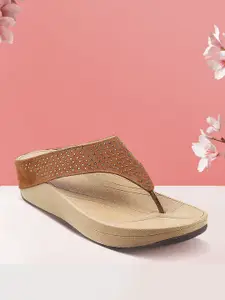 Mochi Women Tan Brown & Gold-Toned Embellished Comfort Heels