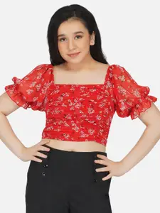 Antheaa Girls Red Floral Print Chiffon Ruched Crop Top