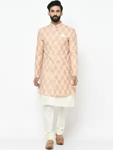 KISAH Men Pink & White Printed Cotton Kurta Sherwani Set