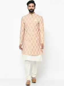 KISAH Men Floral Printed Cotton Kurta Indowestern Sherwani Set
