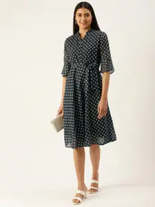 Flying Machine Navy Blue & White Fit & Flare Dress