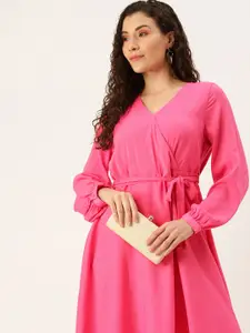 Flying Machine Magenta Pink Solid V-Neck Cuffed Sleeves Tie-Ups Fit & Flare Midi Dress