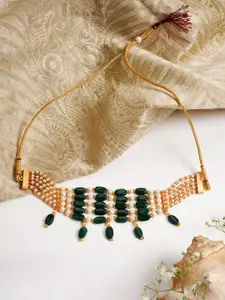 TEEJH Green & White Brass Gold-Plated Choker Necklace